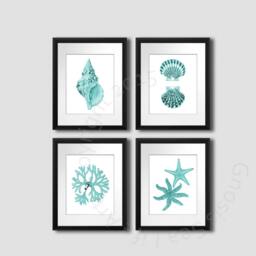 Turquoise Wall Art Set Of 4 Unframed Art Prints Beach Decor, Seashells Starfish Coastal Beachy Bathroom Etsy Decor - thumbnail 2