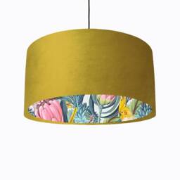 Mustard Yellow Velvet Lampshade With Blush Parrot Lining, Large Ceiling Lightshade