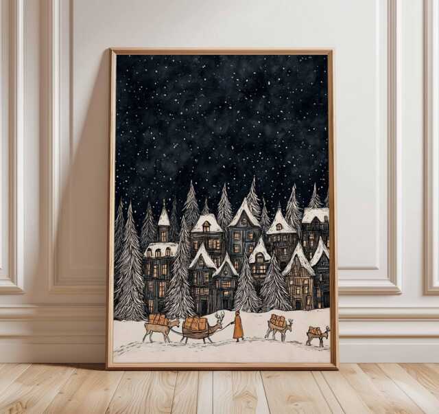 Christmas Village Poster, Illustration Style Holiday Wall Art, Snowy Night Decor, Winter Town Festive Print, Gift Artwork - image 1