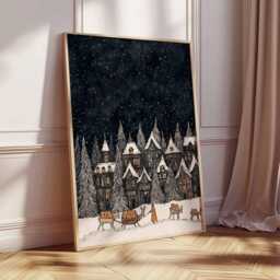 Christmas Village Poster, Illustration Style Holiday Wall Art, Snowy Night Decor, Winter Town Festive Print, Gift Artwork - thumbnail 2