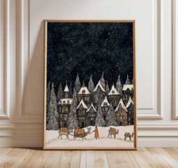 Christmas Village Poster, Illustration Style Holiday Wall Art, Snowy Night Decor, Winter Town Festive Print, Gift Artwork - thumbnail 1
