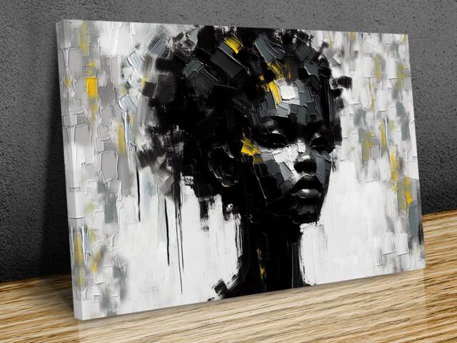African Girl Portrait, Black White & Yellow Tones, Abstract Modern Art, Mounted Canvas Print On Wooden Bars Ready To Hang - image 1