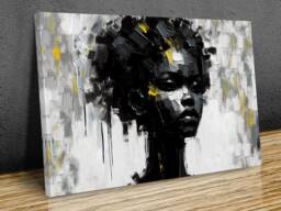 African Girl Portrait, Black White & Yellow Tones, Abstract Modern Art, Mounted Canvas Print On Wooden Bars Ready To Hang - thumbnail 1