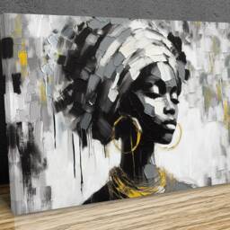 African Girl Portrait, Black White & Yellow Tones, Abstract Modern Art, Mounted Canvas Print On Wooden Bars Ready To Hang - thumbnail 3