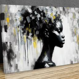 African Girl Portrait, Black White & Yellow Tones, Abstract Modern Art, Mounted Canvas Print On Wooden Bars Ready To Hang - thumbnail 2