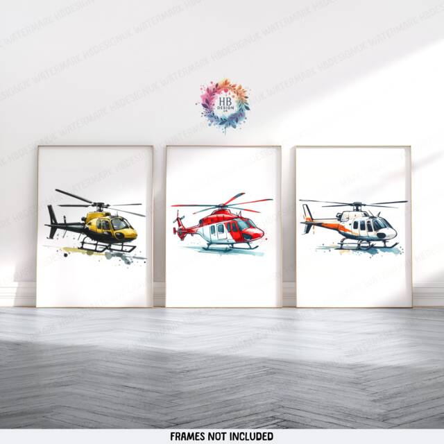 Kids Helicopter Prints - Set Of 3 Posters - Boys Bedroom Decor Aircraft Wall Art Watercolor Style Kid Nursery Poster Aviation Gifts - image 1