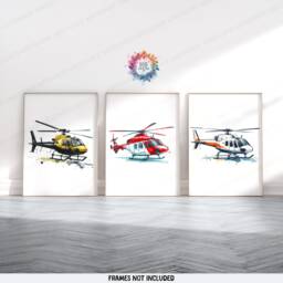 Kids Helicopter Prints - Set Of 3 Posters - Boys Bedroom Decor Aircraft Wall Art Watercolor Style Kid Nursery Poster Aviation Gifts - thumbnail 1