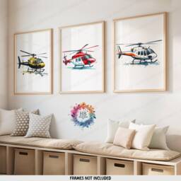 Kids Helicopter Prints - Set Of 3 Posters - Boys Bedroom Decor Aircraft Wall Art Watercolor Style Kid Nursery Poster Aviation Gifts - thumbnail 2