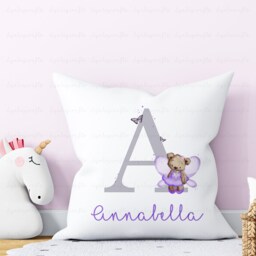 Personalised Alphabet Butterfly Cushion, Girls Purple Room Decor, Lilac Butterfly, Cute Bear, Gift For Girls, Bedroom