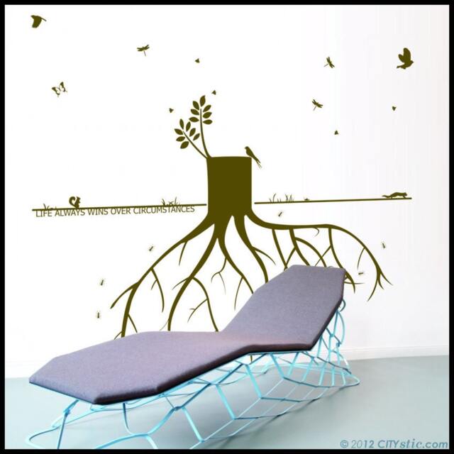 Life Wins Tree Stump Wall Decal Birds, Squirrels, Dragonflies - image 1
