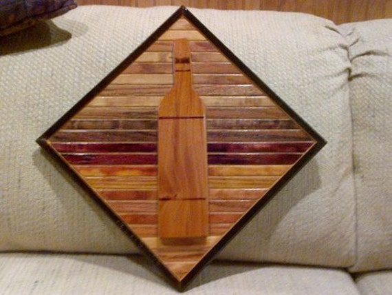 Wood Wall Art Sculpture Featuring A Hand Cut Wine Bottle Set in Oak & Pine Beveled Trim Strips Stained Variety Of Colors - image 1
