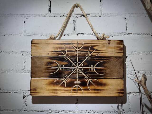 Hand Carved Helm Of Awe Reclaimed Wood Viking Wall Art - image 1
