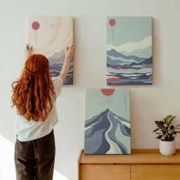 Canvas Art Set Of 3 - Mountain Landscapes Japanese Style, Blue Wall Print, Abstract Decor - thumbnail 1
