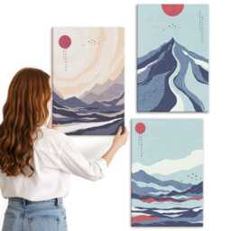 Canvas Art Set Of 3 - Mountain Landscapes Japanese Style, Blue Wall Print, Abstract Decor - thumbnail 3