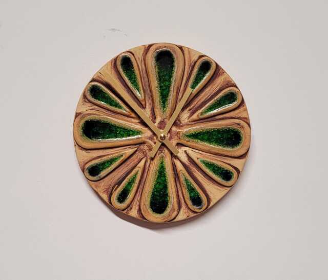 Hand Made Circular Round Brown Natural Ceramic Green Glass Inlaid Wall Clock Quartz 20 cm Diam - image 1