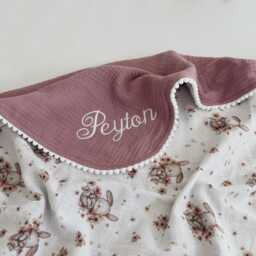 Organic Muslin Bunny Baby Blanket - Custom Embroidered Name Lightweight Shower Gift For Newborn Girl - thumbnail 2