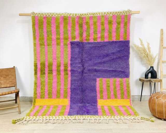 Moroccan Pink & Green Berber Rug, Handwoven Wool Shag Rug With Geometric Block Stripes, Authentic Beni Ourain Carpet, Large 9x12 Area - image 1