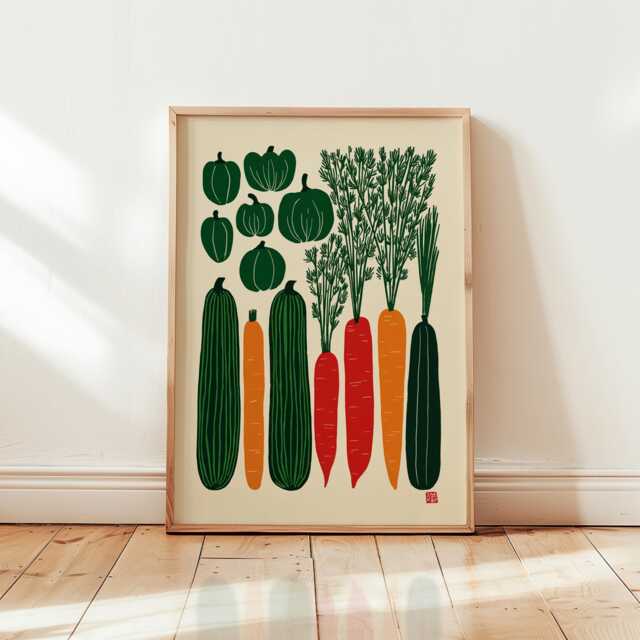 Vertical Garden Vegetable Poster - Retro Linocut Kitchen Wall Art Minimalist Carrot & Leek Illustration - image 1