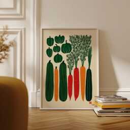 Vertical Garden Vegetable Poster - Retro Linocut Kitchen Wall Art Minimalist Carrot & Leek Illustration - thumbnail 2