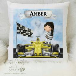 Personalised Racing Car Cushion, Race Gift, Racing Gift For Her, Him - thumbnail 2
