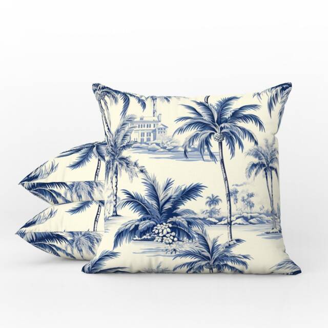Outdoor Pillows - Weatherproof Garden Cushions St Barths Ii Palm Trees Blue & Cream Decorative Waterproof Home - image 1