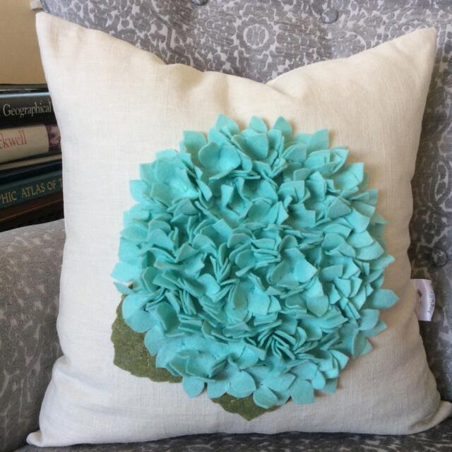 Aquamarine Hydrangea Pillow Cover 3D Floral Felt Applique, Sage Green Bouquet - image 1