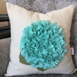Aquamarine Hydrangea Pillow Cover 3D Floral Felt Applique, Sage Green Bouquet - thumbnail 1