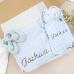 Embroidered Blue Blanket Or Bear Comforter - Personalised Wrap & Booties Gift Set - New Baby Boy Babyshower Newborn - thumbnail 2