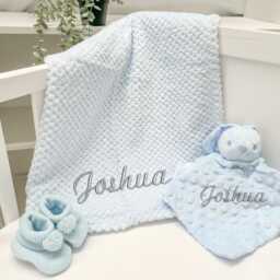 Embroidered Blue Blanket Or Bear Comforter - Personalised Wrap & Booties Gift Set - New Baby Boy Babyshower Newborn - thumbnail 1