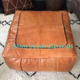 Extra Large Leather Floor Cushion - Xxl Moroccan Contemporary, Luxurious Design Pouffe Camel Brown Cover Only - thumbnail 4