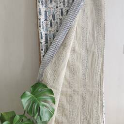 Kantha Stitch Pure Cotton Reversible Bed/Sofa Throw King Size - Handmade Handprinted Floral Dohar White Blue Fish Ocean - thumbnail 4