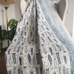 Kantha Stitch Pure Cotton Reversible Bed/Sofa Throw King Size - Handmade Handprinted Floral Dohar White Blue Fish Ocean - thumbnail 3