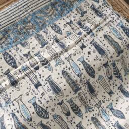 Kantha Stitch Pure Cotton Reversible Bed/Sofa Throw King Size - Handmade Handprinted Floral Dohar White Blue Fish Ocean - thumbnail 2