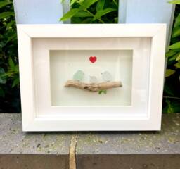 Cornish Sea Glass & Driftwood Bird Family Wall Art - Framed Coastal Decor, Customisable