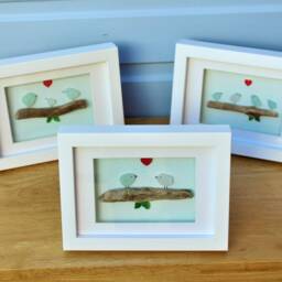 Cornish Sea Glass & Driftwood Bird Family Wall Art - Framed Coastal Decor, Customisable - thumbnail 2