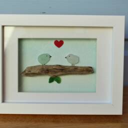 Cornish Sea Glass & Driftwood Bird Family Wall Art - Framed Coastal Decor, Customisable - thumbnail 3