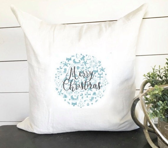 Merry Christmas Blue Pillow Pattern Cover 18 X ///Holiday Throw Accent Gift