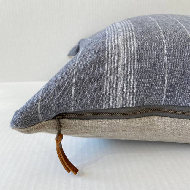 "Gray Blue Striped Linen Pillow Cover Exposed Zipper-Leather Pull 14x24 22""2024" - image 1