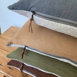 "Gray Blue Striped Linen Pillow Cover Exposed Zipper-Leather Pull 14x24 22""2024" - thumbnail 4