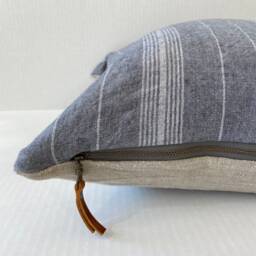 "Gray Blue Striped Linen Pillow Cover Exposed Zipper-Leather Pull 14x24 22""2024"
