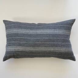 "Gray Blue Striped Linen Pillow Cover Exposed Zipper-Leather Pull 14x24 22""2024" - thumbnail 3