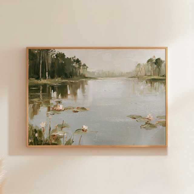 Lake Landscape Poster, Water Lily Wall Art, Forest Painting - image 1