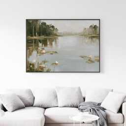 Lake Landscape Poster, Water Lily Wall Art, Forest Painting - thumbnail 2