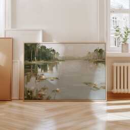 Lake Landscape Poster, Water Lily Wall Art, Forest Painting - thumbnail 4