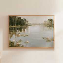Lake Landscape Poster, Water Lily Wall Art, Forest Painting - thumbnail 1