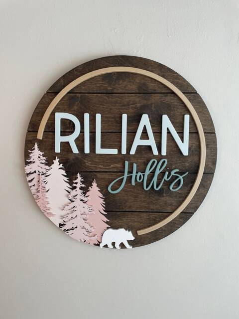Woodland Nursery Name Sign Blush Pink Forest Bear Decor - Girls Whimsical Tree Wall Art - image 1