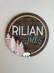 Woodland Nursery Name Sign Blush Pink Forest Bear Decor - Girls Whimsical Tree Wall Art - thumbnail 1