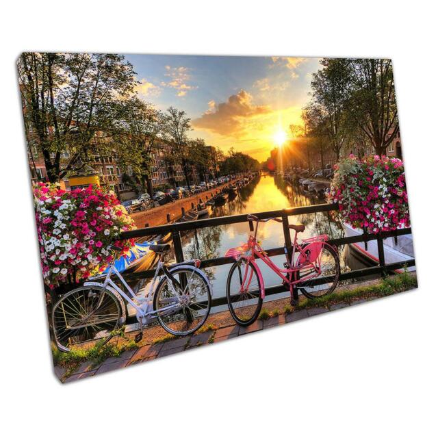 Amsterdam Canal Sunrise Wall Art Scenic Bicycle & Flower Print For Home Office Decor - image 1