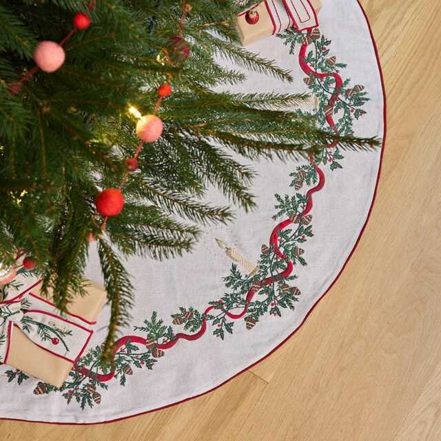 Natural Candle Garland Tree Skirt, Embroidered Holiday Greens Collar, Handmade Christmas Decor - image 1