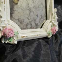 White Ornate Tabletop Smoky Mirror, Distressed, Pink Roses, Resin, Hand Painted, Shabby Chic, Cottage - thumbnail 4